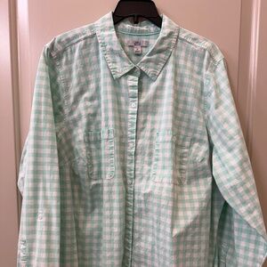 Croft & Barrow Women's 2X Mint Green Gingham Long Sleeve Button Down